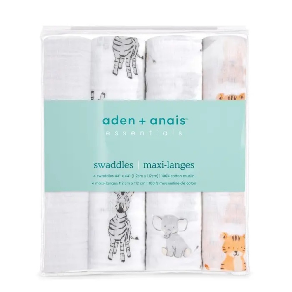 NWT aden + anais Essentials Muslin Swaddle Blankets 4 Pack, Safari Babes